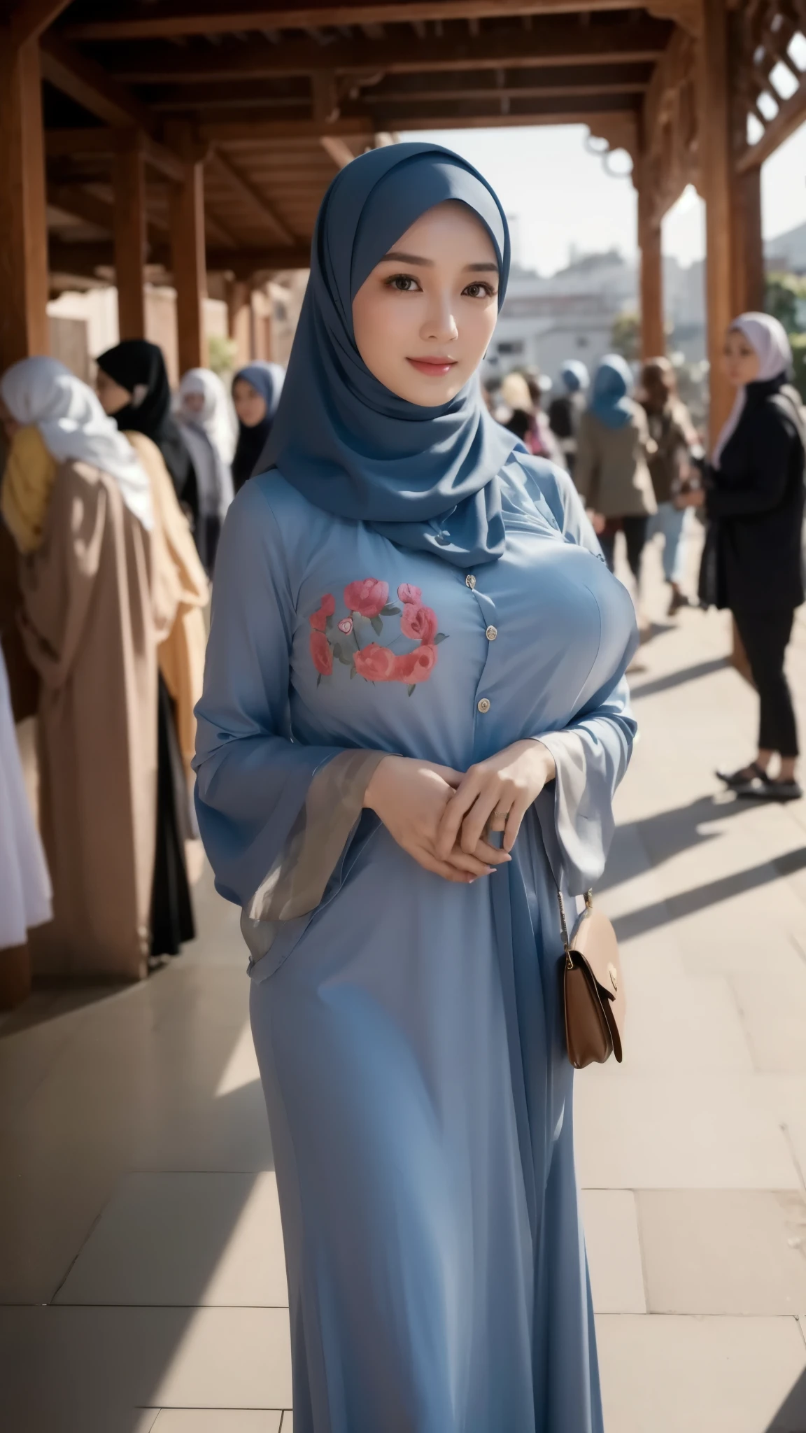 (((high detailed skin,visible pores))), dreamlike, (ulzzang-6500-v1.1:0.5),pureerosface_v1:0.2, face close-up, 1 girl, tall body, slim faces, body abs:1.2, Luna Maya, 30 years old, blushing, hijab ( the hijab covered the hair ), (8K, raw photo, highest quality, flying fragments: 1.2), (reality, realita: 1.4), sharp focus on something big, slim faces, medium breasts, shy smile, visible pores, cinematic lighting, bright light, eye beauty details, shiny and smooth skin, red lipstick, shiny skin, super dense skin, high resolution, complicated hijab, detailed style, detailed beauty face, very realistic, perfect body parts, perfect anatomy, 1 Japanese girl, famous Japanese idol, perfect female body, beautiful eyes, short eyelashes, double eyelids, look straight towards here, wearing white scrunchie, wearing a long dusty blue Malay gamis, walking, standing upright and facing me, so the whole body can be seen, autumn season, abaya clothes, looking straight at me, wearing a scarf, view of the flowers garden, brick road, focus look at me