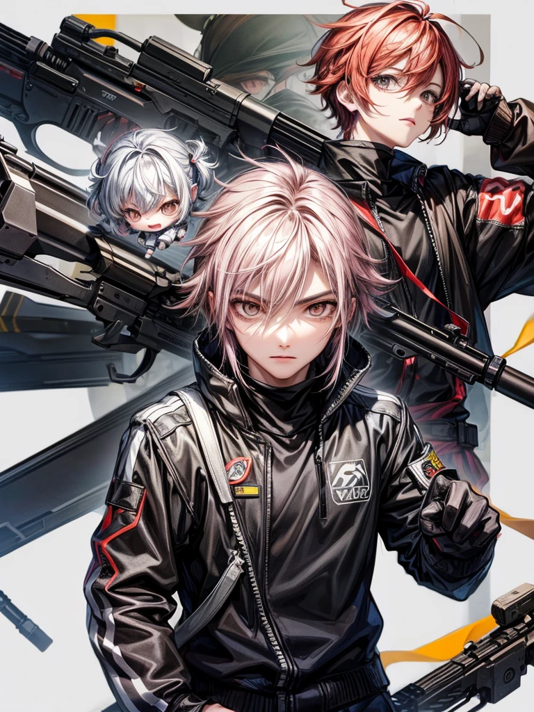 a male character, chibi size,dynamic poses, with a sniper rifle, details on the face, wearing casual clothes.