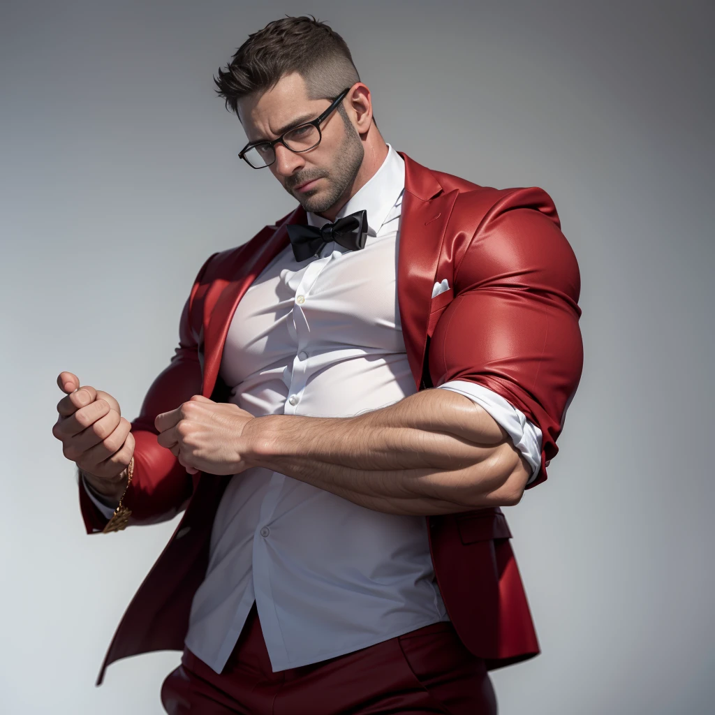 An award-winning original photo,A wild muscular man, (40 years old daddy:1.3), 1boy, Solo, (red suit), white dress shirt, blue trouser, black hair, (big shoulders), musculature, stubbles, Short beard, Beautiful eyes:1.3, ), (Detailed face:1.3), wearing glasses, smoldering face, elegant pose, Dynamic Angle, bright lighting, (Best quality, A high resolution, Photorealistic), Cinematic lighting, Masterpiece, RAW photo, Intricate details, hdr, depth of field, full body shot, from below, (a photoshoot), (white blank background)