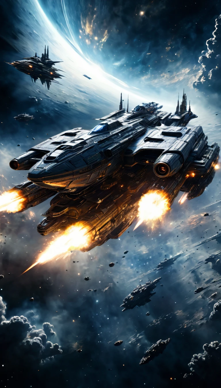 en medio del espacio, a dramatic futuristic sci-fi space war, massive explosions, epic scale, intense action, gritty realism, cinematic composition, dramatic lighting, highly detailed spacecraft, advanced alien technology, powerful energy weapons, swirling cosmic clouds, distant stars, heroic pilots, intense battle, war-torn landscapes