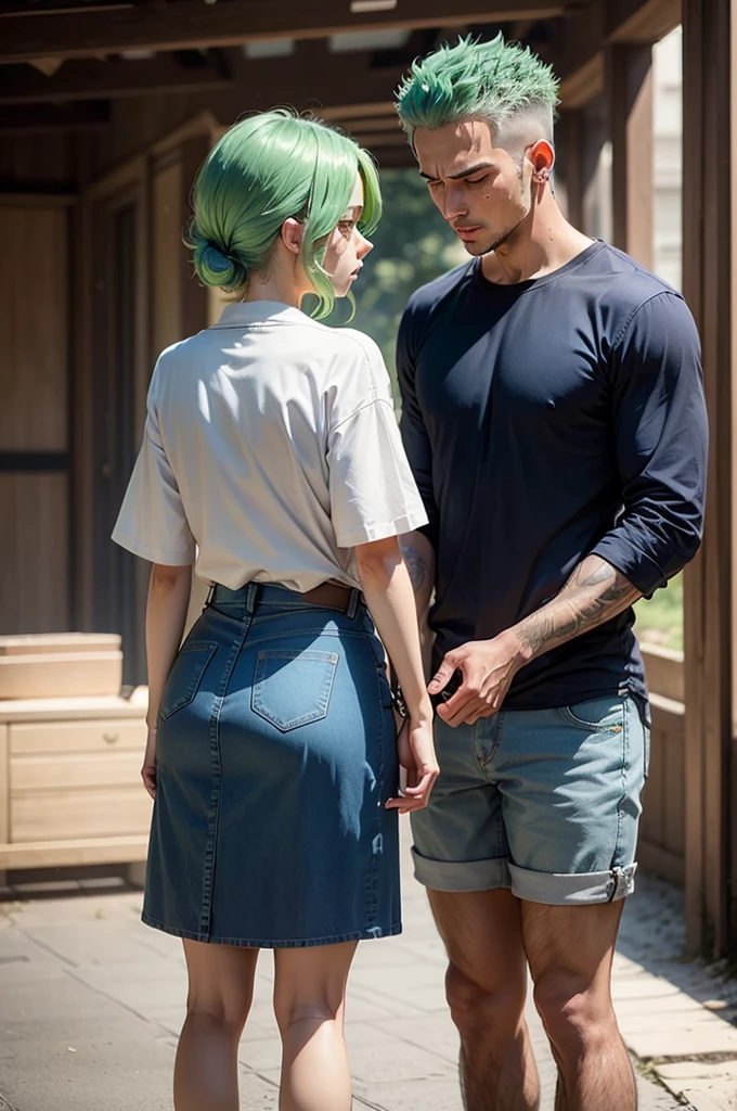 Big shirt and a denim skirt standing on short dark blue hair abim3 crying and with his hand in his hair Zoro looking at her calming her green hair