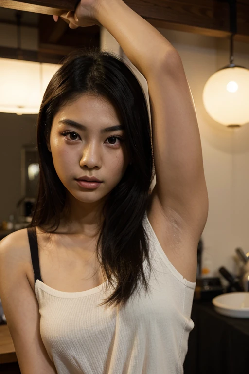 Young woman, Asian ethnicity, 18 years old, slender face, dark eyebrows, large eyes, prominent nose.