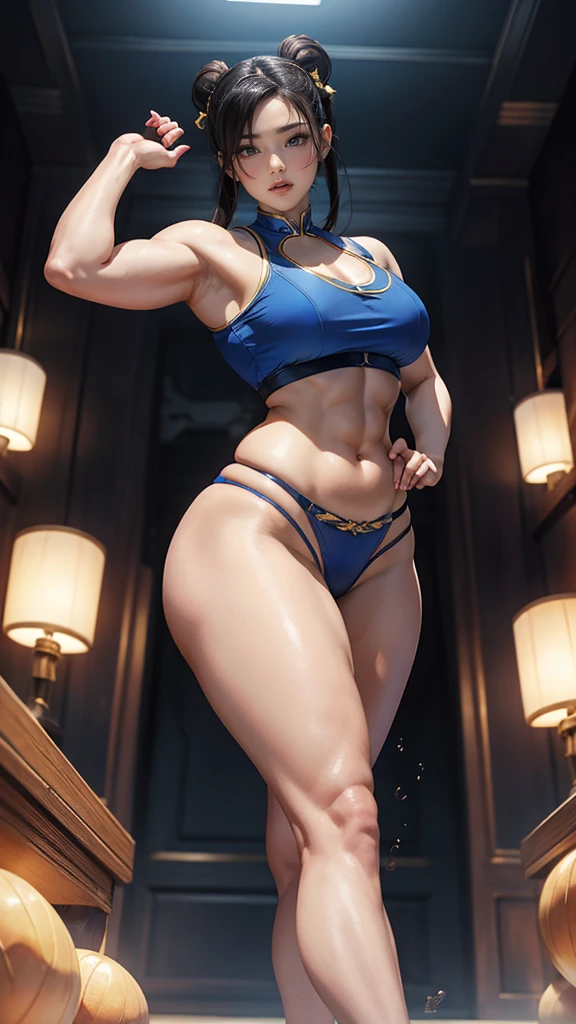 Chun-Li, wide hips, attractive, long legs, beautiful eyes, Beautiful whole body, small breasts, 섹시한 Chun-Li 의상, tempting, Abs, Plump body shape, thick jangdanji, thick thighs, black hair, red eyes