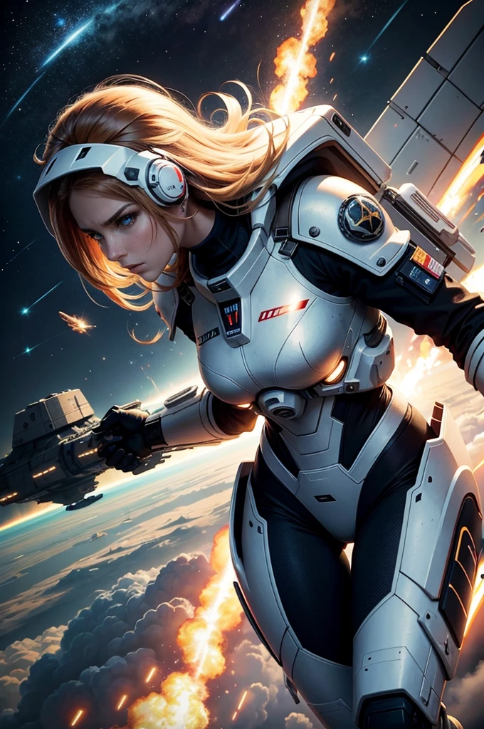(((best quality))),(((ultra detailed))),(((masterpiece))),illustration,space battle,futuristic spacecrafts,sleek design,powerful cannon,determined pilots,battered ship,erratic weapon fire,dark background,flashes of weapons fire,engine trails,intense battle,hypnotic effect,survival stakes,excitement,tension,human ingenuity,exploration risks,sacrifices,raw power,indomitable spirit,unknown frontier
