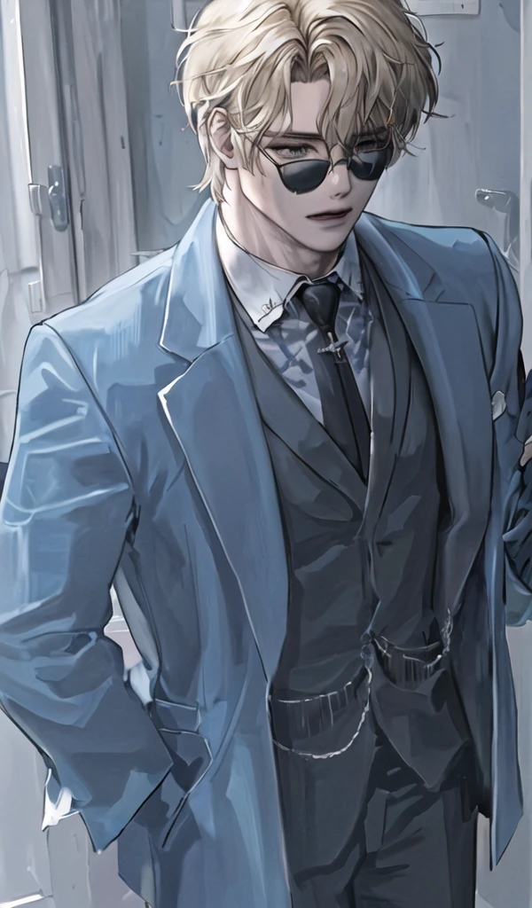 Handsome man with tousled blond curly hair, striking blue eyes hidden behind sunglasses, chiseled jawline, and a casual yet fashionable style.Clothing: Black suit jacket over a collared shirt, appearing slightly disheveled but still stylish.