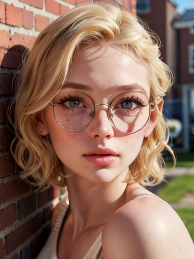 dynamic close-up of the upper part of 1 Russian Woman with freckles, extremely albino, extremely thin and beautiful, perfect body, well-shaped face, skin with highly detailed depth, she is Leaning against a brick wall, (haircut, wavy hair and blondes), (detailed, large, bright eyes, light brown eyes, curled eyelashes, large glasses), (sensuously pouting with mouth), wearing a short sweater showing off the shoulders, ultra realistic, vibrant and pointed image, dynamic vision, high quality 32k, hyper-realistic, cinematic.