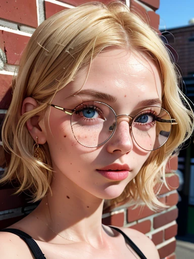 dynamic close-up of the upper part of 1 Russian Woman with freckles, extremely albino, extremely thin and beautiful, perfect body, well-shaped face, skin with highly detailed depth, she is Leaning against a brick wall, (haircut, wavy hair and blondes), (detailed, large, bright eyes, light brown eyes, curled eyelashes, large glasses), (sensuously pouting with mouth), wearing a short sweater showing off the shoulders, ultra realistic, vibrant and pointed image, dynamic vision, high quality 32k, hyper-realistic, cinematic.