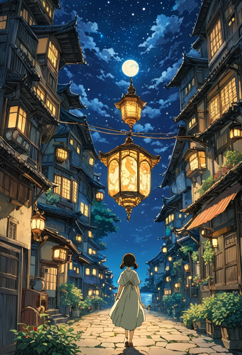 Studio Ghibli-style anime movies, Movie stills, Highest quality, masterpiece, Representative works, Official Art, Professional, Super intricate details, 8K, Sea of night,A girl&#39;s back is looking at the night sky,Visible in the distance
