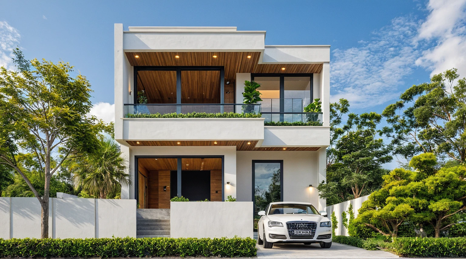 Masterpiece, high quality, best quality, authentic, super detail, outdoors, onestoreyvillaXL, aiaigroup, house style modern on the street ,stairs, white wall ,road,pavement, grass, trees, sky, cloud, (daylight:1.1)