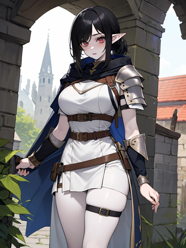 anime girl, ((youthful girl, short girl, slender girl, busty girl, large breasts, heavy breasts, round breasts, long legs)), ((pale skin, smooth skin, white skin)), ((pointy ears)). ((Dark black hair, long bangs, low ponytail)), ((ruby eyes, detailed eyes, predatory eyes)). Simple background, outside, outdoors, medieval city, medieval town, medieval village. Adventurer outfit, fantasy adventurer outfit, partial armor, hooded robes, pouches, harness, bracers, single pauldron, thigh strap