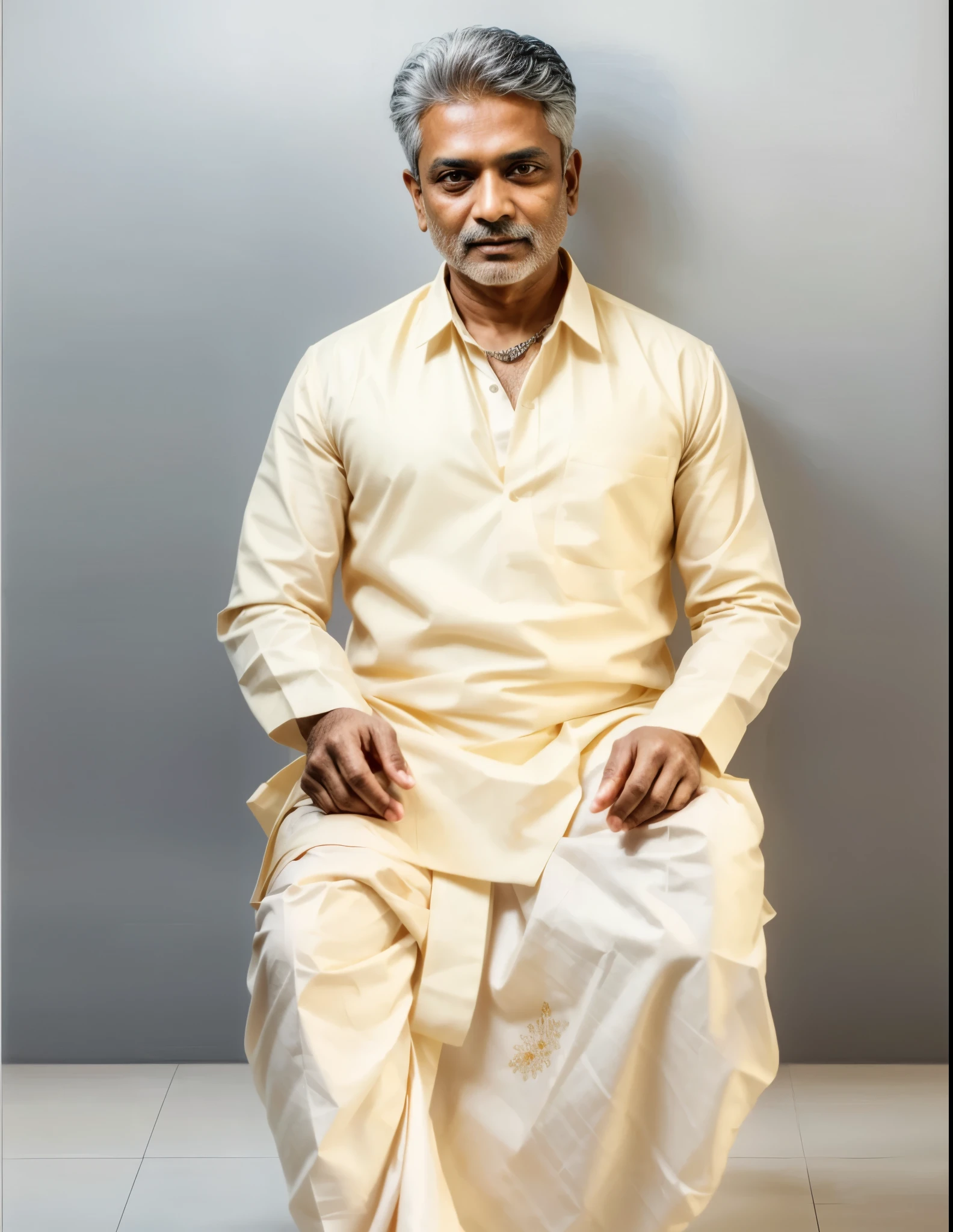 a detailed portrait of a middle-aged indian man, wearing traditional bengali clothing, beautiful detailed eyes, beautiful detailed lips, extremely detailed eyes and face, smooth skin, 40 years old, intricate cultural patterns on clothing, warm lighting, high contrast, cinematic composition, dramatic lighting, chiaroscuro, rich colors, photorealistic, 8k, hyper detailed, award winning artwork