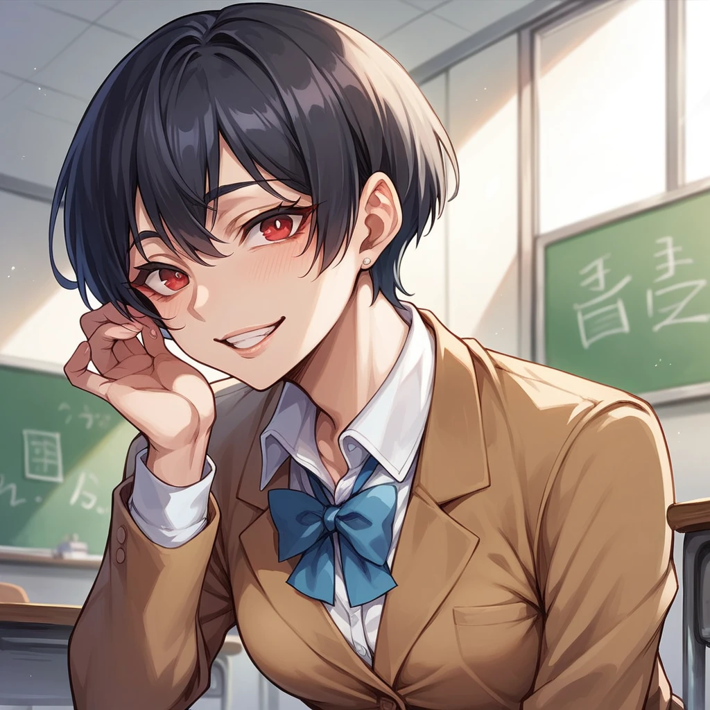 Ikemen, teacher's clothes, short black hair, red eyes, yandere, adult