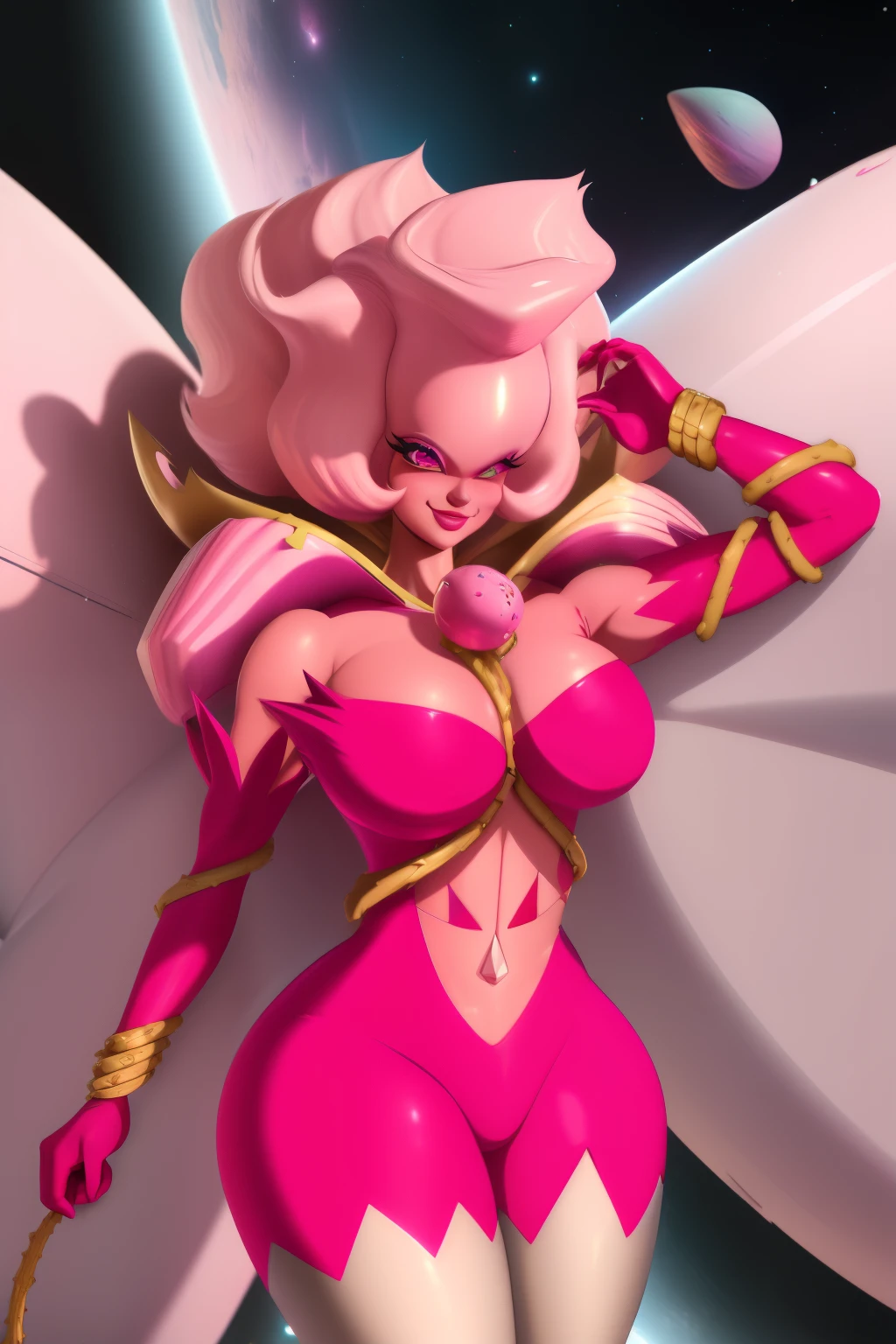 pnkdamond, pink hair, pink eyes,  big hair,  stomach gem,  pink skin,  toned, 
puffy short sleeves, elbow gloves ,  white thighhighs,   puffy dress, 
standing, upper body, 
 outerspace,  
(insanely detailed, beautiful detailed face,beautiful detailed eyes, masterpiece, best quality) cinematic lighting,  smile, 
 