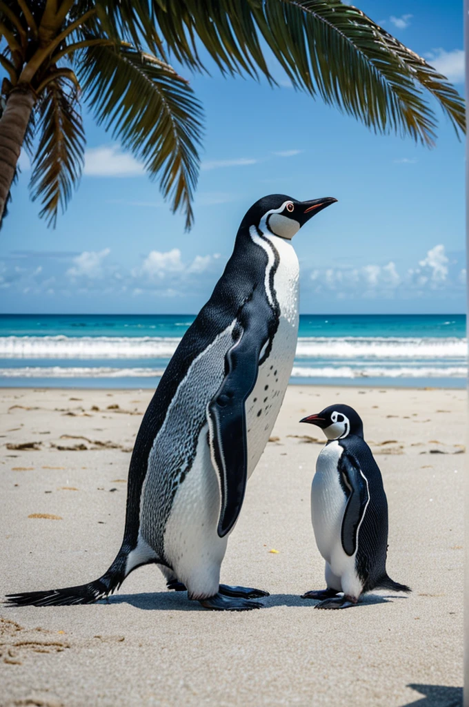A refrigeration technician penguin , on a beach with palm trees