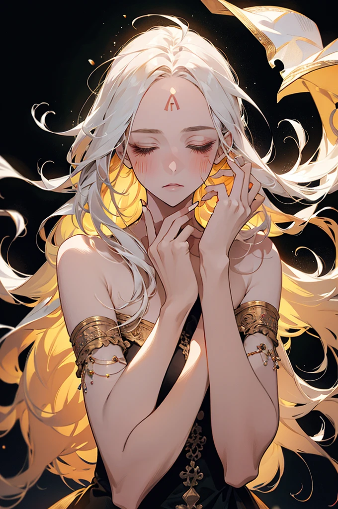 best quality,masterpiece,ResplendentLight,1girl,solo,long hair,closed eyes,black background,bracelet,upper body,jewelry,hands up,white hair,yellow nails,eyelashes,holding,floating hair,bangs,blush,orange nails,facial mark,water,forehead mark,light particles,glowing,bare shoulders,