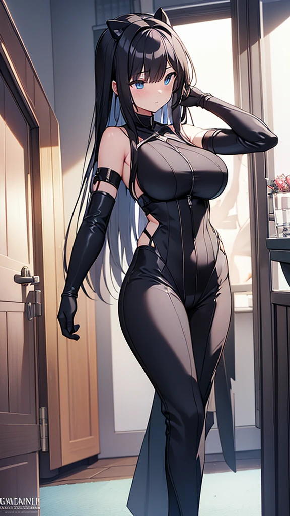 (Highly detailed CG Unity 8k wallpaper,masterpiece, Biological, whole body),(Best lighting, Best Shadow, Very delicate and beautiful),(One girl),blue eyes, Big Breasts, Black Hair,Red and black off-the-shoulder SF bodysuit,Neck Seal,High-tech sci-fi corridor, Dynamic pose, Detailed Machinery, Sleek design, {{Unidentified creatures prey on women and take their place、Women become bones}}, NSFW