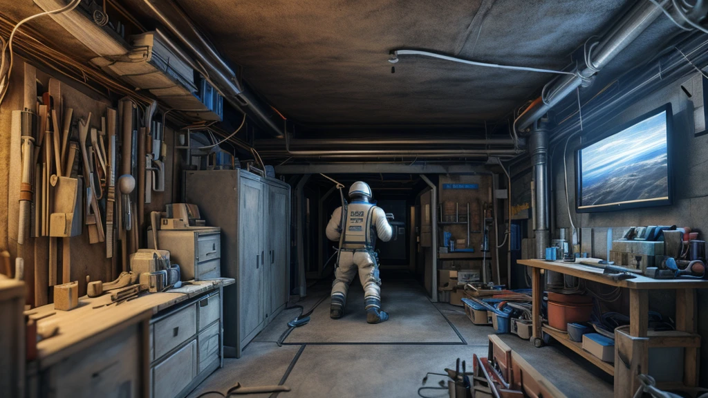 (Best Quality,16k,32k,high resolution,Masterpiece:1.2),ultra detailed,(realist,photorealist,photo-realist:1.37), A smiling engineer opens the door to his workshop, showing a clean and organized space.