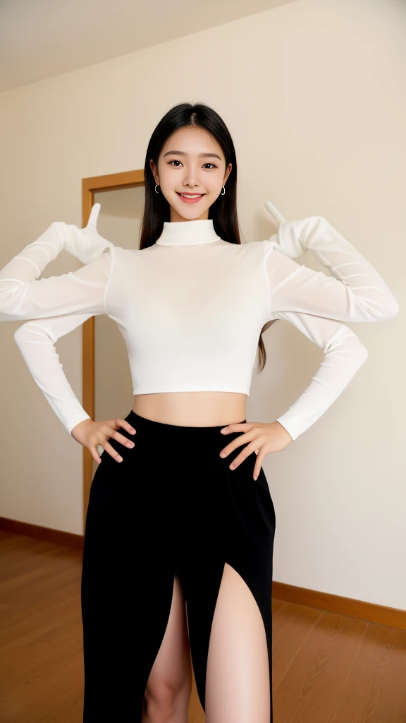 wonderful young girl,Clear eyes,black礼服, curvy arms, Incredibly beautiful, Confident smile,Strong posture, very beautiful, arms aside, 4 legs!, Showing legs,Long legs,black,Normal hand, Slender figure,21 years old,Korean