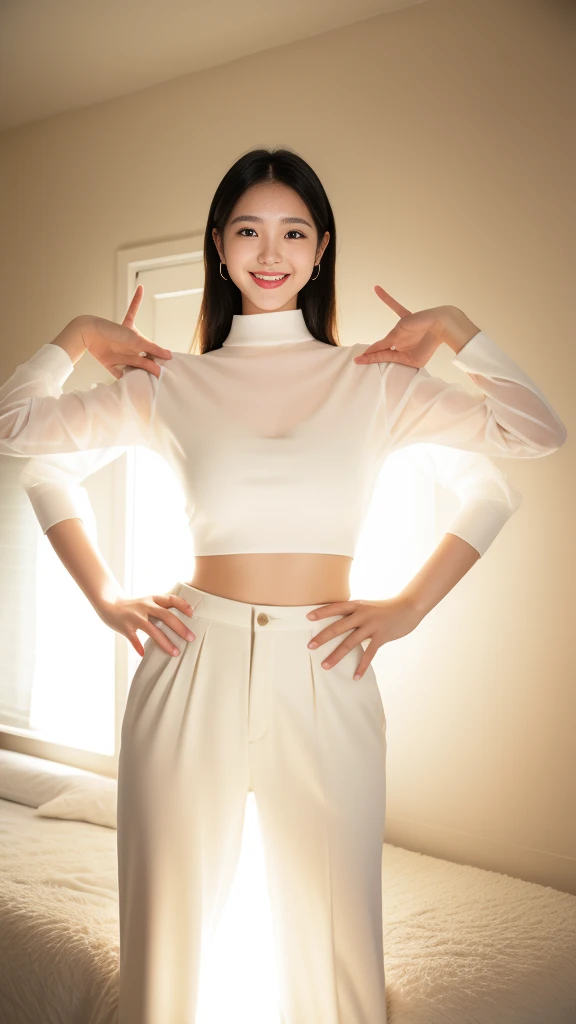 wonderful young girl,Clear eyes,black礼服, curvy arms, Incredibly beautiful, Confident smile,Strong posture, very beautiful, arms aside, 4 legs!, Showing legs,Long legs,black,Normal hand, Slender figure,21 years old,Korean