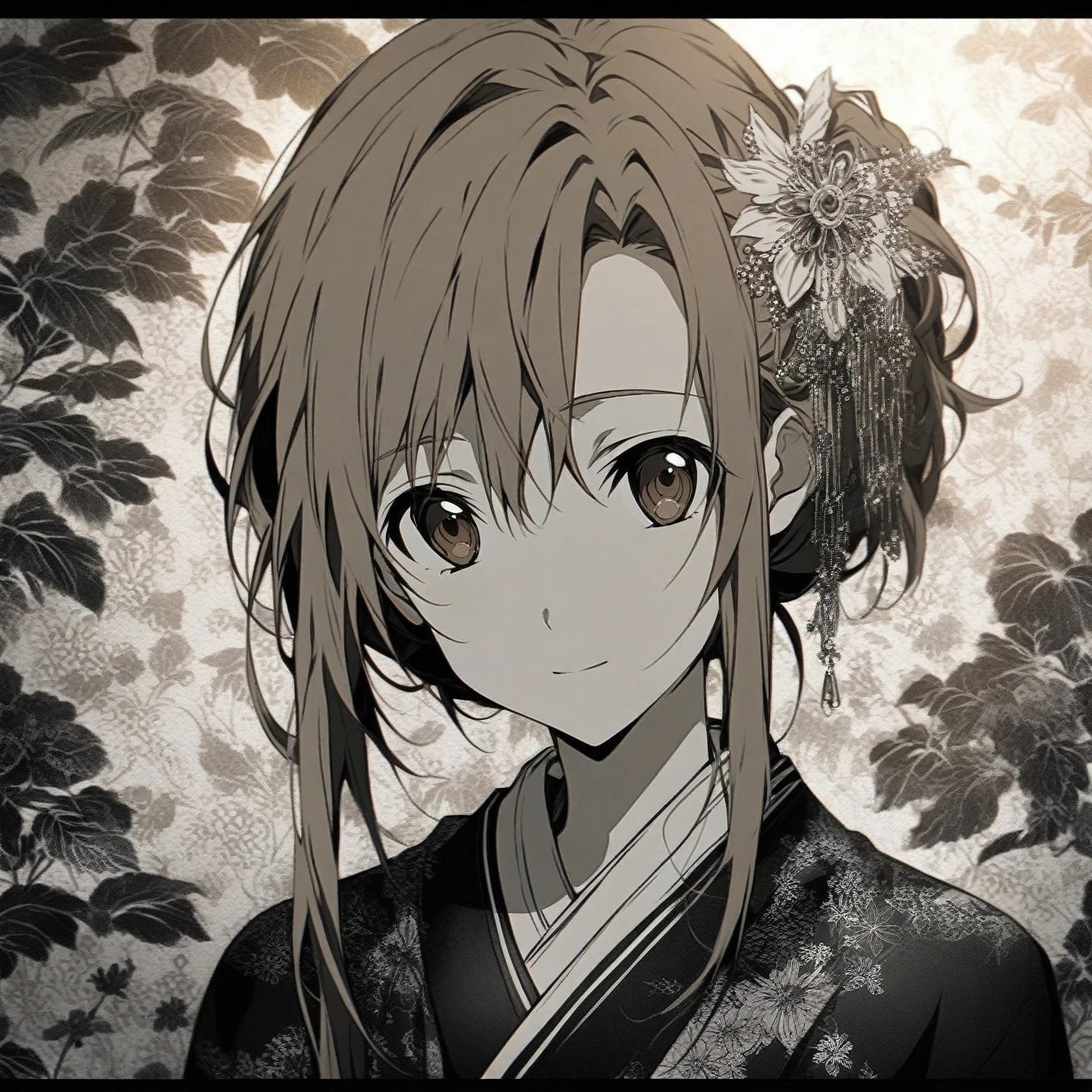 Beautiful anime portrait,Brown monochrome,Oriental Wallpaper,Pink,Feeling,very anime style,1girl, Asuna, Sword Art Online,Flowers,Close-up,Soft Light,Rich in details,The expression is firm,Kimono decoration,Background blur,Vivid colors,情Feeling深沉,front,Brown eyes
