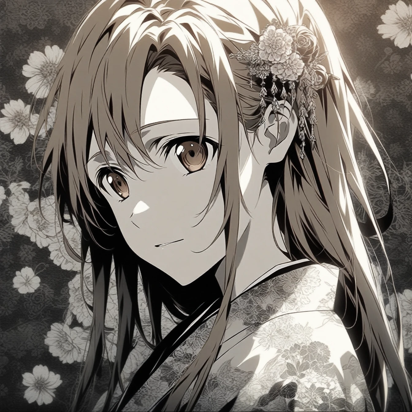 Beautiful anime portrait,Brown monochrome，Oriental Wallpaper，Pink，Feeling，very anime style，1girl, Asuna, Sword Art Online，Flowers，Close-up，Soft Light，Rich in details，The expression is firm，Kimono decoration，Background blur，Vivid colors，情Feeling深沉，front，Brown eyes