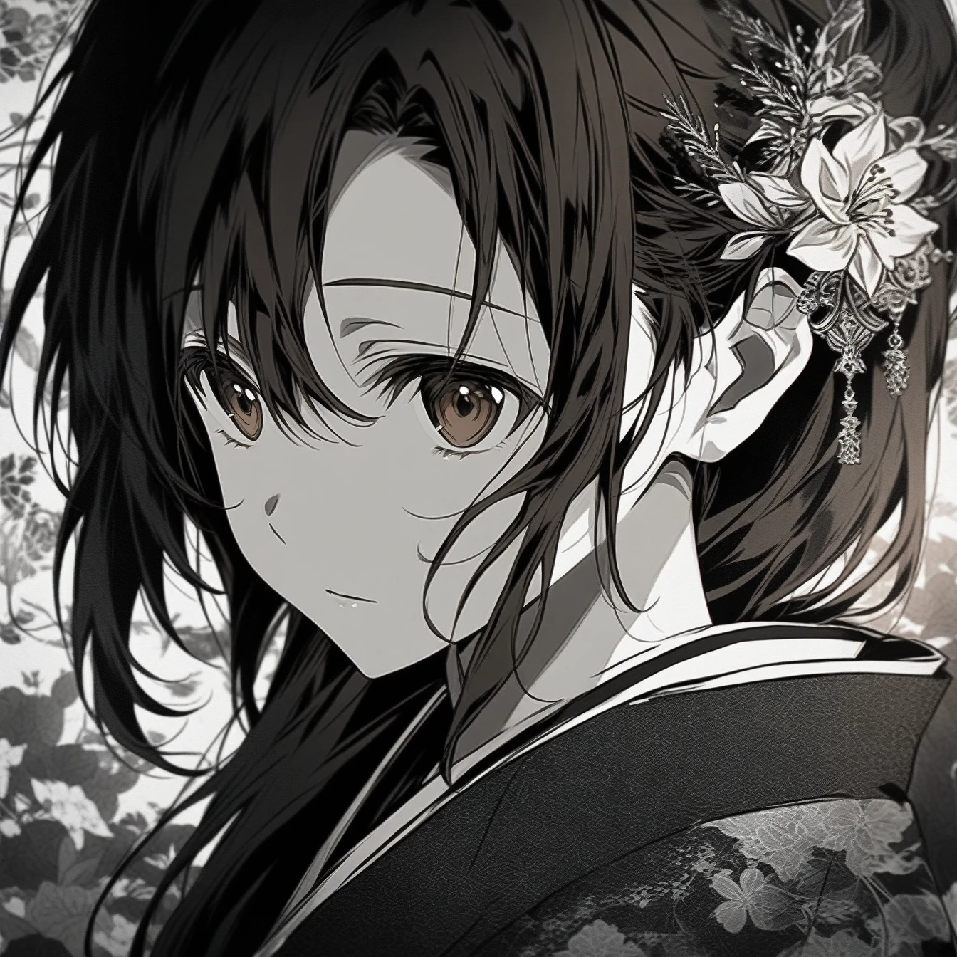 Beautiful anime portrait,Brown monochrome,Oriental Wallpaper,Pink,Feeling,very anime style,1girl, Asuna, Sword Art Online,Flowers,Close-up,Soft Light,Rich in details,The expression is firm,Kimono decoration,Background blur,Vivid colors,情Feeling深沉,front,Brown eyes