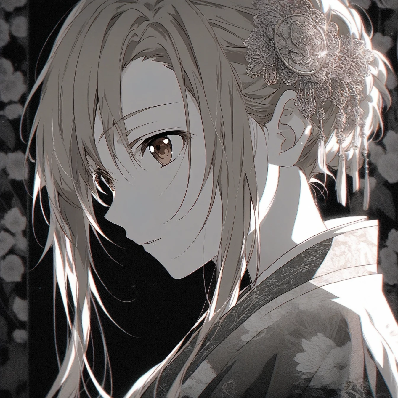 Beautiful anime portrait,Brown monochrome,Oriental Wallpaper,Pink,Feeling,very anime style,1girl, Asuna, Sword Art Online,Flowers,Close-up,Soft Light,Rich in details,The expression is firm,Kimono decoration,Background blur,Vivid colors,情Feeling深沉,front,Brown eyes