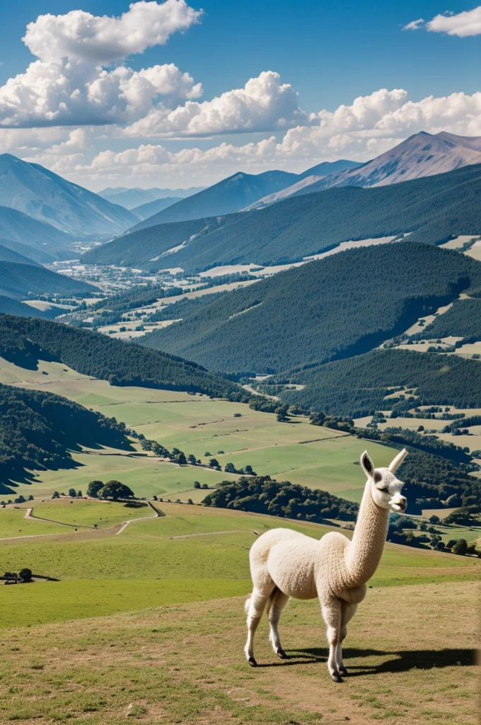 An animal llama that has a landscape of hills in the background within it