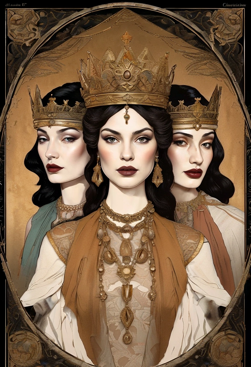 three queen,triad ,tarot card, chiaroscuro technique on sensual illustration of an three queen , vintage three queen, earthy eerie, matte painting, by Hannah Dale, by Harumi Hironaka, extremely soft colors, hint of gold vibrant, highly detailed, digital artwork, high contrast, dramatic, refined, tonal, highest quality，anatomy correct，ultra-wide-angle，depth of fields.three queen,triad , hekate,deusa lobo e Afrodite.