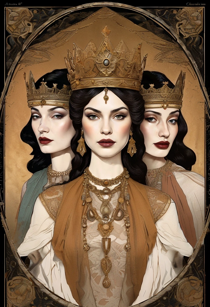 three queen,triad ,tarot card, chiaroscuro technique on sensual illustration of an three queen , vintage three queen, earthy eerie, matte painting, by Hannah Dale, by Harumi Hironaka, extremely soft colors, hint of gold vibrant, highly detailed, digital artwork, high contrast, dramatic, refined, tonal, highest quality,anatomy correct,ultra-wide-angle,depth of fields.three queen,triad , hekate,deusa lobo e Afrodite.