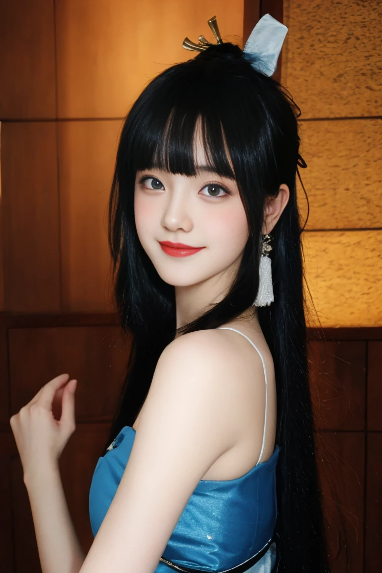 best quality, tmasterpiece,Ultra-high resolution,Clear face,(Reality:1.4),ferpect lighting,(upper body shot:1.5), (photorealistic:1.50), anime wallpaper, Guviz style artwork, cover-up fantasy up to magic , by Yang J, Guviz, beautiful artwork illustration, beautiful digital artwork, beautiful digital illustration, Li Song, beautiful anime portrait, art style in Beauvot,1girl,black hair, long hair,bangs, smile,Blush,(front:1.3),(standing:1.3), Bare shoulders, Cheeks flushed, Blush, Eye bags closed, double eyelids,
herry blossoms, tree, 独奏, Aurora, fireworks, long_hair, fireflies, light_particles, pine_tree, snowflake_background, milky_way, aerial_fireworks, headdress, arms behind body, blue_eyes, smile, face focus,photorealistic:1.4 detailed face,detailed eyes,shiny skin