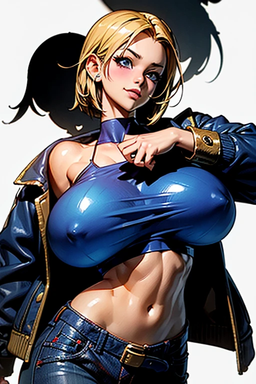 from street fighter,(big breast:1.5),dynamic poses, totally wide open her chest,big chest,((sketch style)),scribbles and marks,super perfect body curve,((skindentation)),S-shaped body,anime waifu (18 years old)-hot daddy-frivolity-body language, fit figure, red top, blue jean jacket, bad laughing,gorgeous perfect face, realistic style and super detailed renderings, superrealism,kawaii, zbrush, super-realistic oil, contour shadow-process - (Waiting to start)