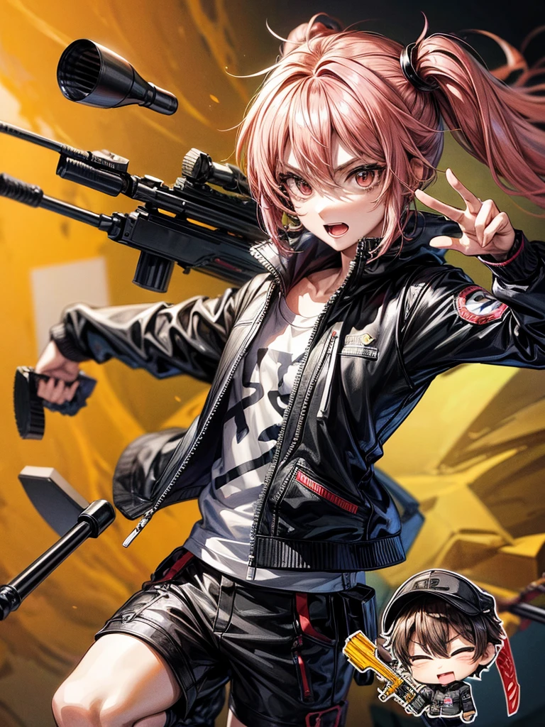a male character, chibi size,dynamic poses, with a sniper rifle, details on the face, wearing casual clothes.