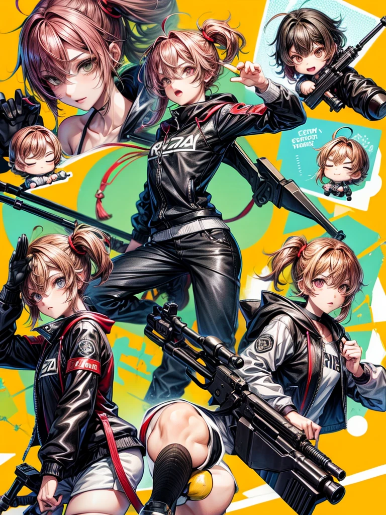 a male character, chibi size,dynamic poses, with a sniper rifle, details on the face, wearing casual clothes.