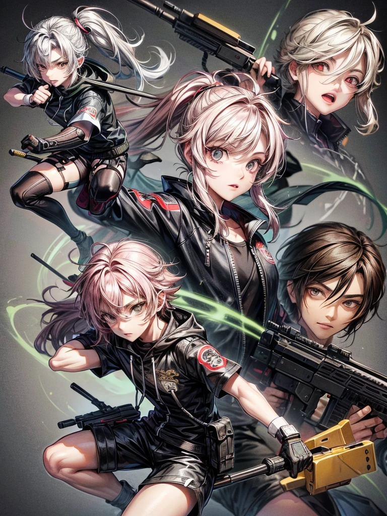 a male character, chibi size,dynamic poses, with a sniper rifle, details on the face, wearing casual clothes.