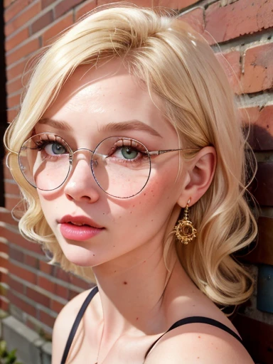 dynamic close-up of the upper part of 1 Russian Woman with freckles, extremely albino, extremely thin and beautiful, perfect body, well-shaped face, skin with highly detailed depth, she is Leaning against a brick wall, (haircut, wavy hair and blondes), (detailed, large, bright eyes, light brown eyes, curled eyelashes, large glasses), (sensuously pouting with mouth), wearing a short sweater showing off the shoulders, ultra realistic, vibrant and pointed image, dynamic vision, high quality 32k, hyper-realistic, cinematic.