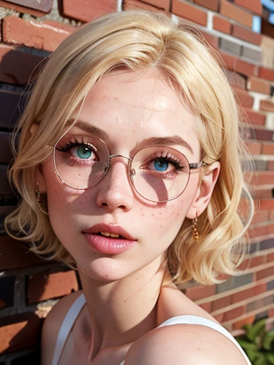 dynamic close-up of the upper part of 1 Russian Woman with freckles, extremely albino, extremely thin and beautiful, perfect body, well-shaped face, skin with highly detailed depth, she is Leaning against a brick wall, (haircut, wavy hair and blondes), (detailed, large, bright eyes, light brown eyes, curled eyelashes, large glasses), (sensuously pouting with mouth), wearing a short sweater showing off the shoulders, ultra realistic, vibrant and pointed image, dynamic vision, high quality 32k, hyper-realistic, cinematic.