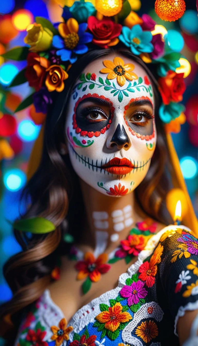 (best quality, 8K, Masterpiece: 1.3)), Sharp focus: 1.2, Create a stunning still-life realistic photo of a full body portrait of a beautiful young latina woman (25), beautiful woman with perfect figure, Mexican sugar skull calavera make up, a poetic setting of Mexican tradition, surrounded by ornamental elements such as fruit, flowers, garlands of lights and native plants, studio lighting, HD, realistic, traditional, Mexican Heritage, Highly detailed facial and skin textures, Detailed eyes, Double eyelids, smile, look at viewer, brunette, long hair, put on makeup, blurry background, light brown skin, Face Paint, light brown skin, playing equipment, Holding equipment, light red lips, __background__ Full of busy people