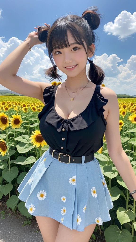 Japanese, high school girl, brown eyes, smiling face, young face, black hair, pigtails, blue ribbon hair ornament, cleavage, necklace, floral sleeveless blouse, cleavage, necklace, white belt, floral blue miniskirt, black socks, blue shoes, blue sky and white cumulonimbus clouds, standing in front of a sunflower field, plateau view, large park, nostalgic view, summer view, gravure photo shoot