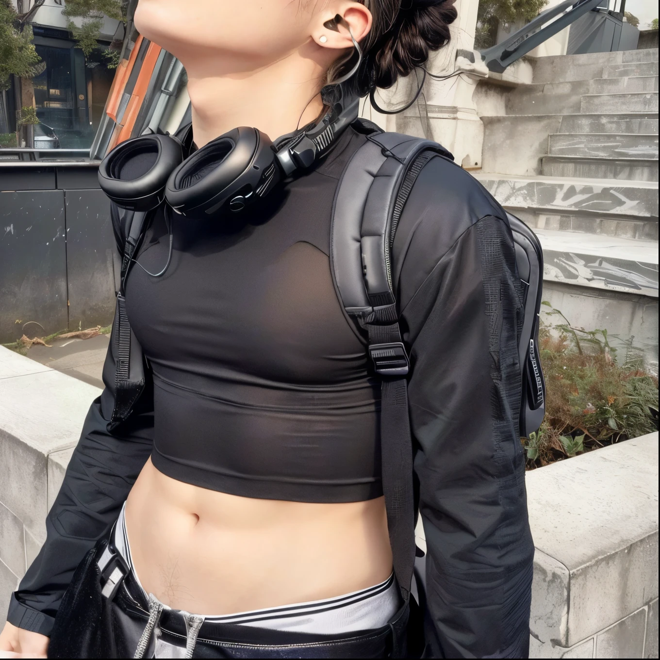 homem arafiado with headphones from ear on her neck and a backpack, Photograph of a techwear man, with headphones from ear, cyberpunk accessory, wearing cyberpunk clothes, muted cyberpunk style, cyberpunk style outfit, techwear fashion, wearing black headphones, all black cyberpunk clothes, with headphones from ear, wearing space technological clothing, wearing an all-black mempo mask, usando um top cropped sexy