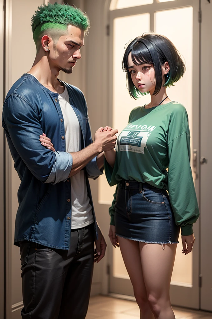 Big shirt and a denim skirt standing on short dark blue hair abim3 crying and with his hand in his hair Zoro looking at her calming her green hair he