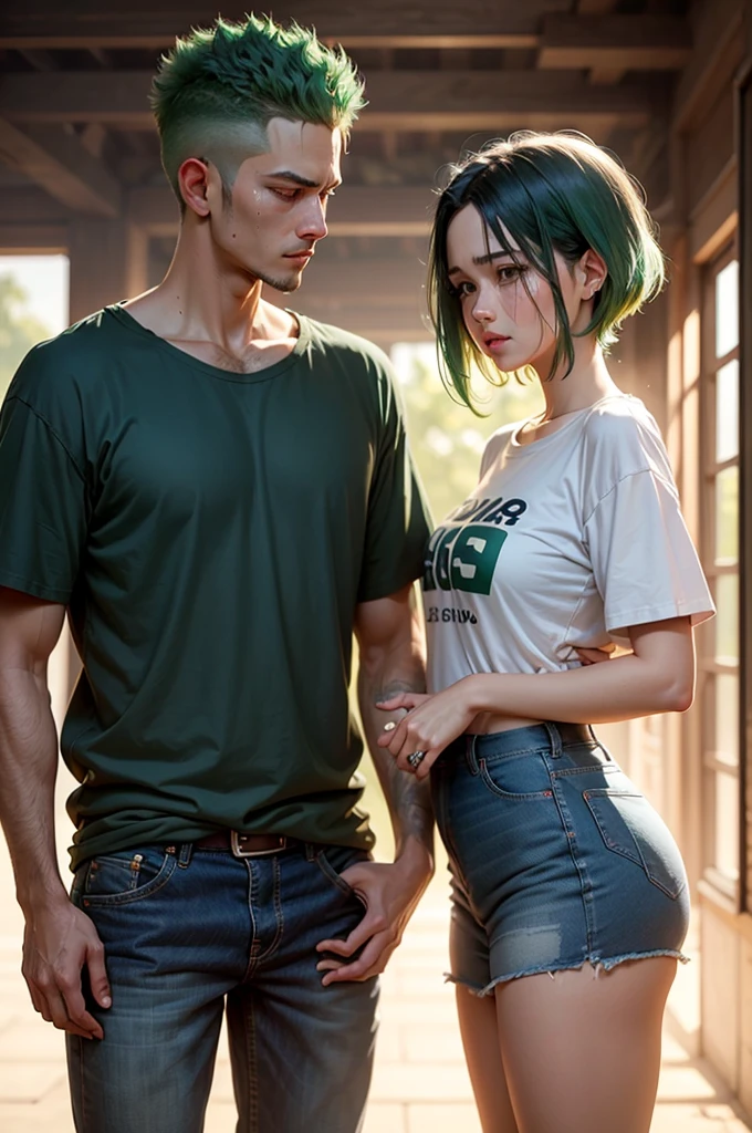 Big shirt and a denim skirt standing on short dark blue hair abim3 crying and with his hand in his hair Zoro looking at her calming her green hair he