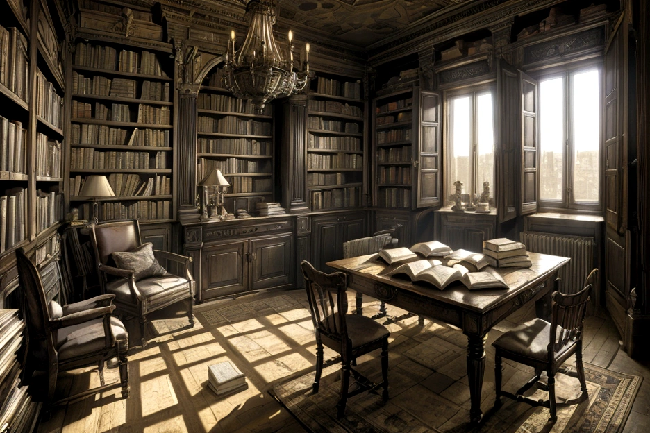 Old Room, full of books, stacks of books everywhere, old books, old volumes, Manuscripts, pergaminhos, maps, window open, sombras intensas, book shelves, open books, books on the floor, books on the table, aged books.