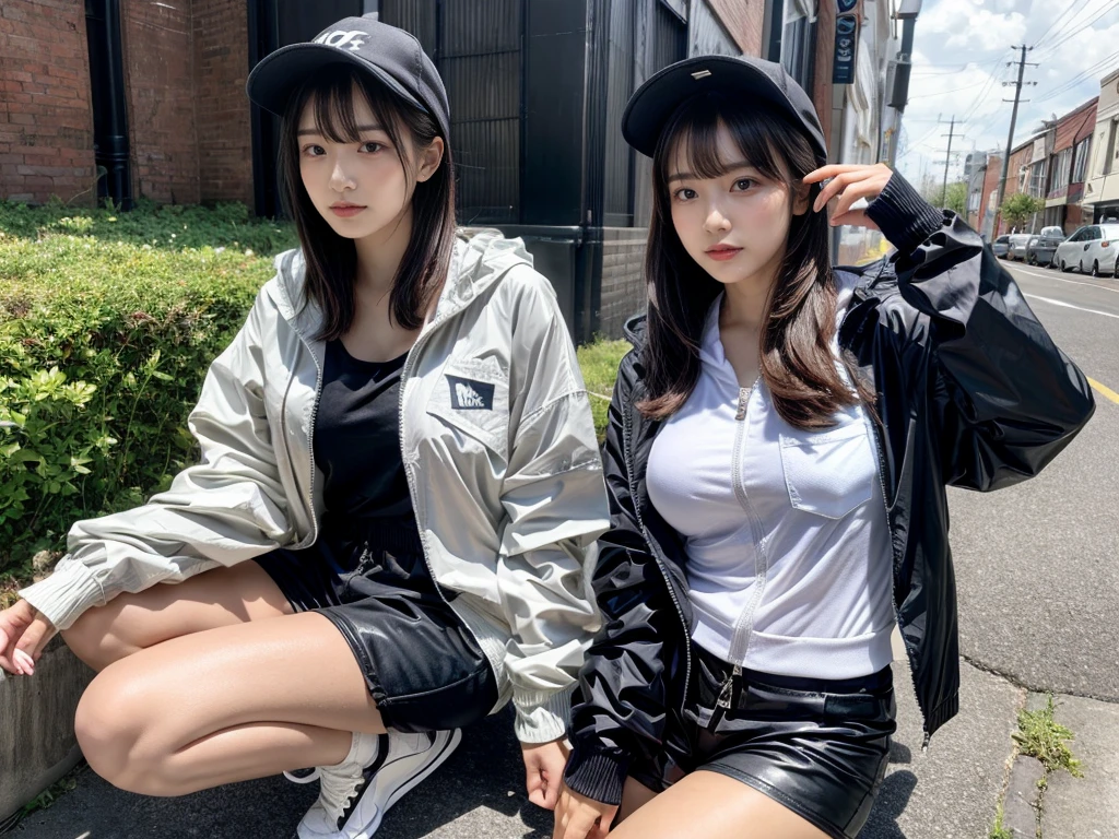 Masterpiece, 8K, award-winning photos, photorealistic, realistic, ultra detailed, ultra high definition, ray tracung, _ the most beautiful, Gravure quality for high-end fashion magazines, 22 years old ,(sexy,Japanese idol, gray hair, short hair),shiny skin , detailed skin , detailed face , perfect anatomy, 1girl~2girls,
_
BREAK (droopy eyes, Natural makeup:1.2),light color, huge breasts,
_
glowing blue eyes, tan skin,
_
BREAK (black and White theme:1.4), (oversized and baggy black outerwear:1.3), (fusion of black windbreaker and White hoodie:1.4), (black Nylon:1.4), ((zipper, large pocket):1.3), BREAK (black and white :1.2), (black platform high-cut sneakers:1.2),(Black leather short pants),(baseball cap),
Inorganic concrete studio with windows, highly detailed background, , ultra-realistic textures, dramatic lighting ,raw photo, _(dutch angle and curtsey ,on side:1.2), looking at viewer,