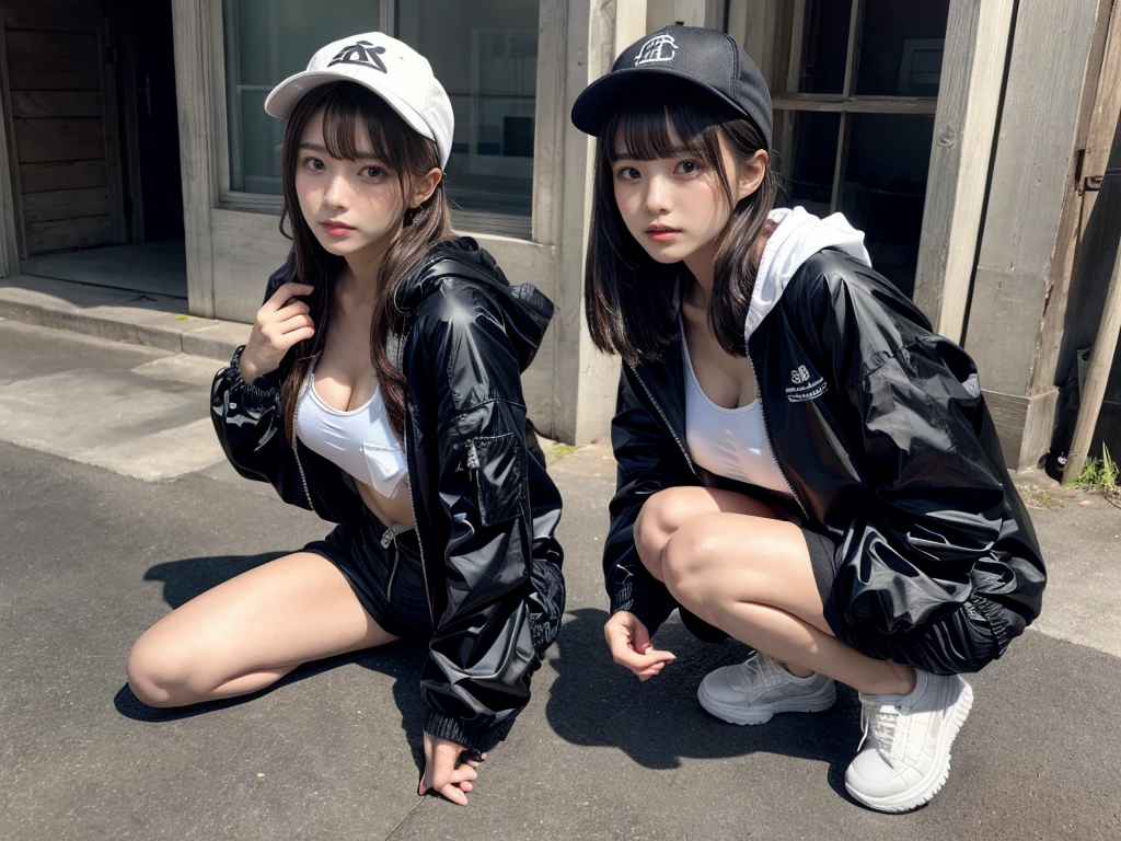 Masterpiece, 8K, award-winning photos, photorealistic, realistic, ultra detailed, ultra high definition, ray tracung, _ the most beautiful, Gravure quality for high-end fashion magazines, 22 years old ,(sexy,Japanese idol, gray hair, short hair),shiny skin , detailed skin , detailed face , perfect anatomy, 1girl~2girls,
_
BREAK (droopy eyes, Natural makeup:1.2),light color, huge breasts,
_
glowing blue eyes, tan skin,
_
BREAK (black and White theme:1.4), (oversized and baggy black outerwear:1.3), (fusion of black windbreaker and White hoodie:1.4), (black Nylon:1.4), ((zipper, large pocket):1.3), BREAK (black and white :1.2), (black platform high-cut sneakers:1.2),(Black leather short pants),(baseball cap),
Inorganic concrete studio with windows, highly detailed background, , ultra-realistic textures, dramatic lighting ,raw photo, _(dutch angle and curtsey ,on side:1.2), looking at viewer,