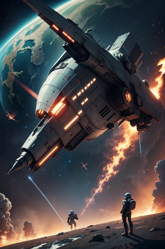 (((best quality))),(((ultra detailed))),(((masterpiece))),illustration,space battle,futuristic spacecrafts,sleek design,powerful cannon,determined pilots,battered ship,erratic weapon fire,dark background,flashes of weapons fire,engine trails,intense battle,hypnotic effect,survival stakes,excitement,tension,human ingenuity,exploration risks,sacrifices,raw power,indomitable spirit,unknown frontier