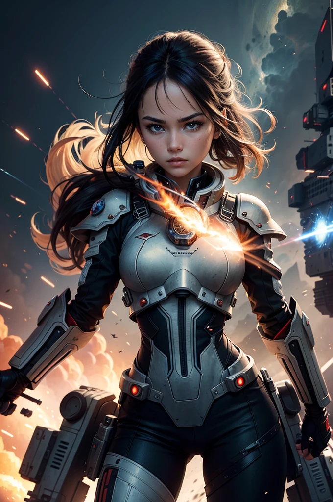 (((best quality))),(((ultra detailed))),(((masterpiece))),illustration,space battle,futuristic spacecrafts,sleek design,powerful cannon,determined pilots,battered ship,erratic weapon fire,dark background,flashes of weapons fire,engine trails,intense battle,hypnotic effect,survival stakes,excitement,tension,human ingenuity,exploration risks,sacrifices,raw power,indomitable spirit,unknown frontier