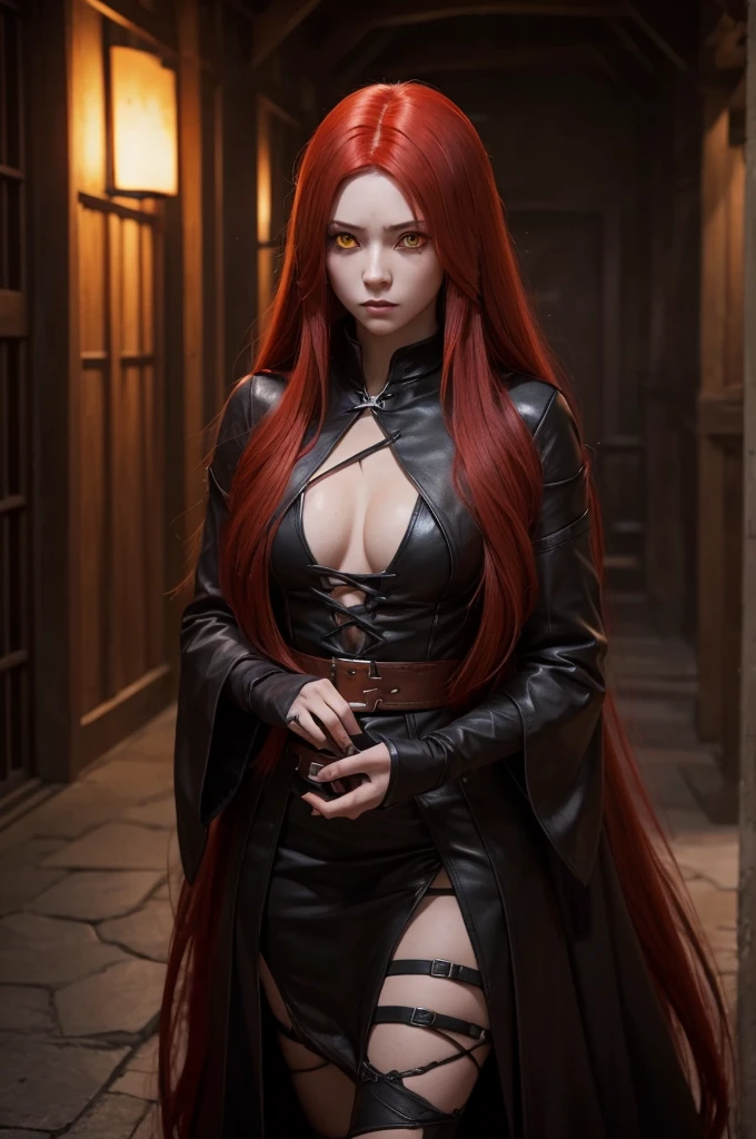 Create a character with long red hair and yellow eyes with the Demon slayer trait.