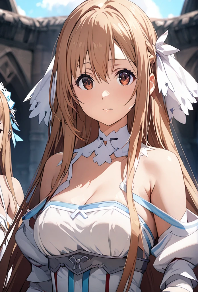 ((masterpiece)), Highest quality, Very detailed,(One Girl),Yuki Asuna、Asuna (Stay), Brown eyes,It has four eyes, Bare shoulders, chest当て, armor, Removable sleeves, gloves, white gloves, dress, (red and white dress), Long Hair, Beautiful background ,clothing, chest,
