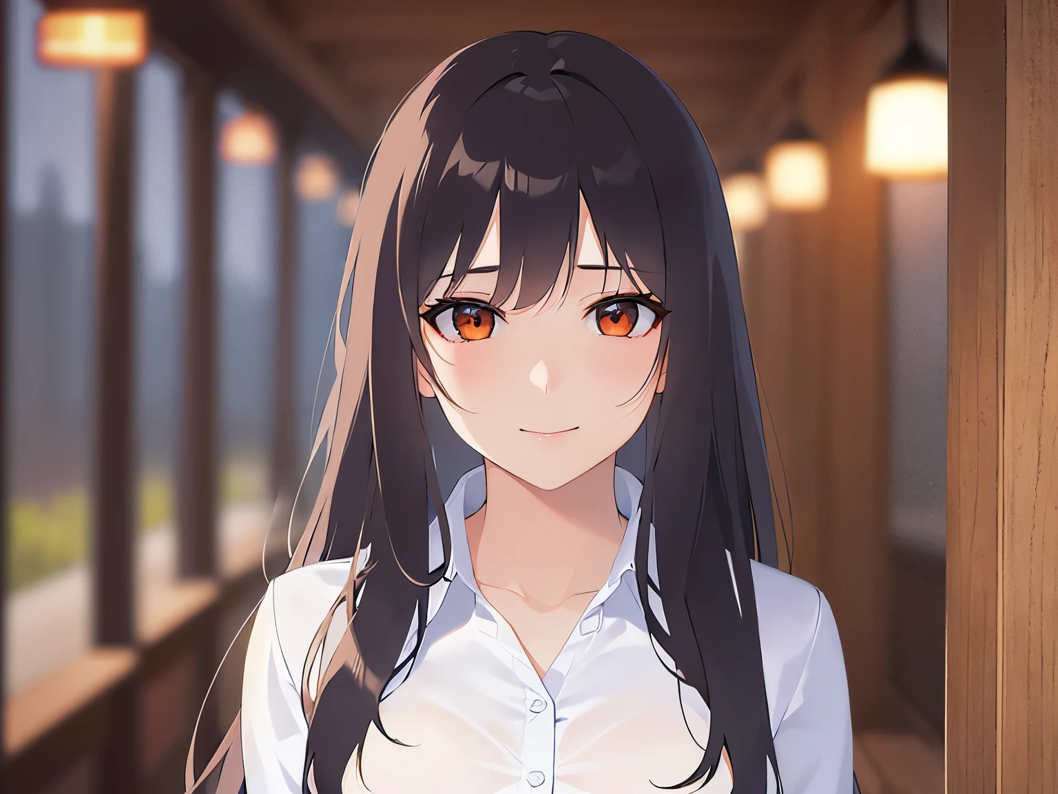 Detailed CG,Ultra-fine illustrations,masterpiece,Highest quality,AW Photo,Realistic,Upper Body,BREAK(white collared shirt:1.5)BREAK,(Pale skin:1.2),Glossy skin, shiny hair,(A 28-year-old woman with medium-length hair and bangs)and(wavy hair)and(brown hair)and(Orange Eyes:1.3),(Bitter smile),The background is the interior of the izakaya,alone